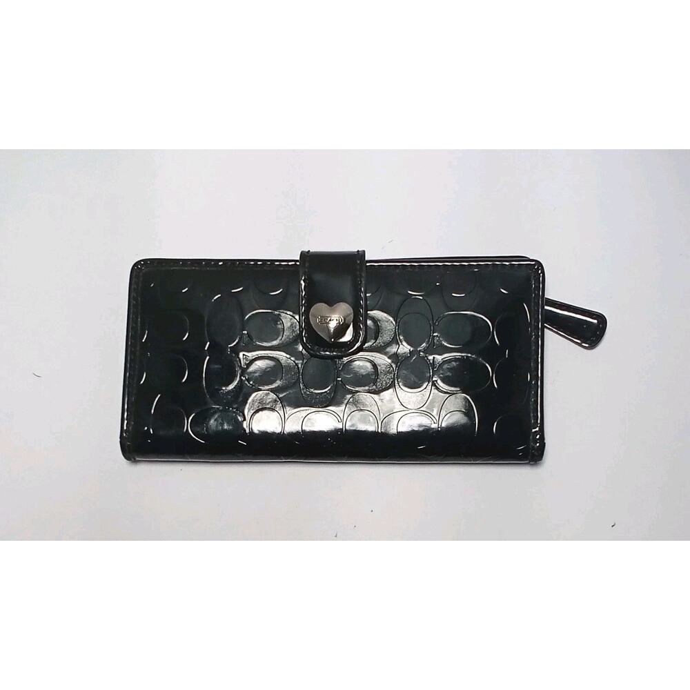 Coach Paten Leather Black Wallet Monogram Heart Clasp 6.5x3.5 Inches